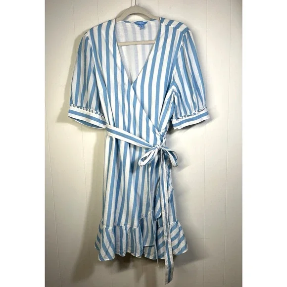 Draper James Reba Wrap Dress Size 16X Awning Blue White Stripe Nautical  Preppy1